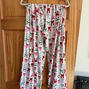 Cozy Bow Print Pajama Pants - White with Red, Green & Pink Bows